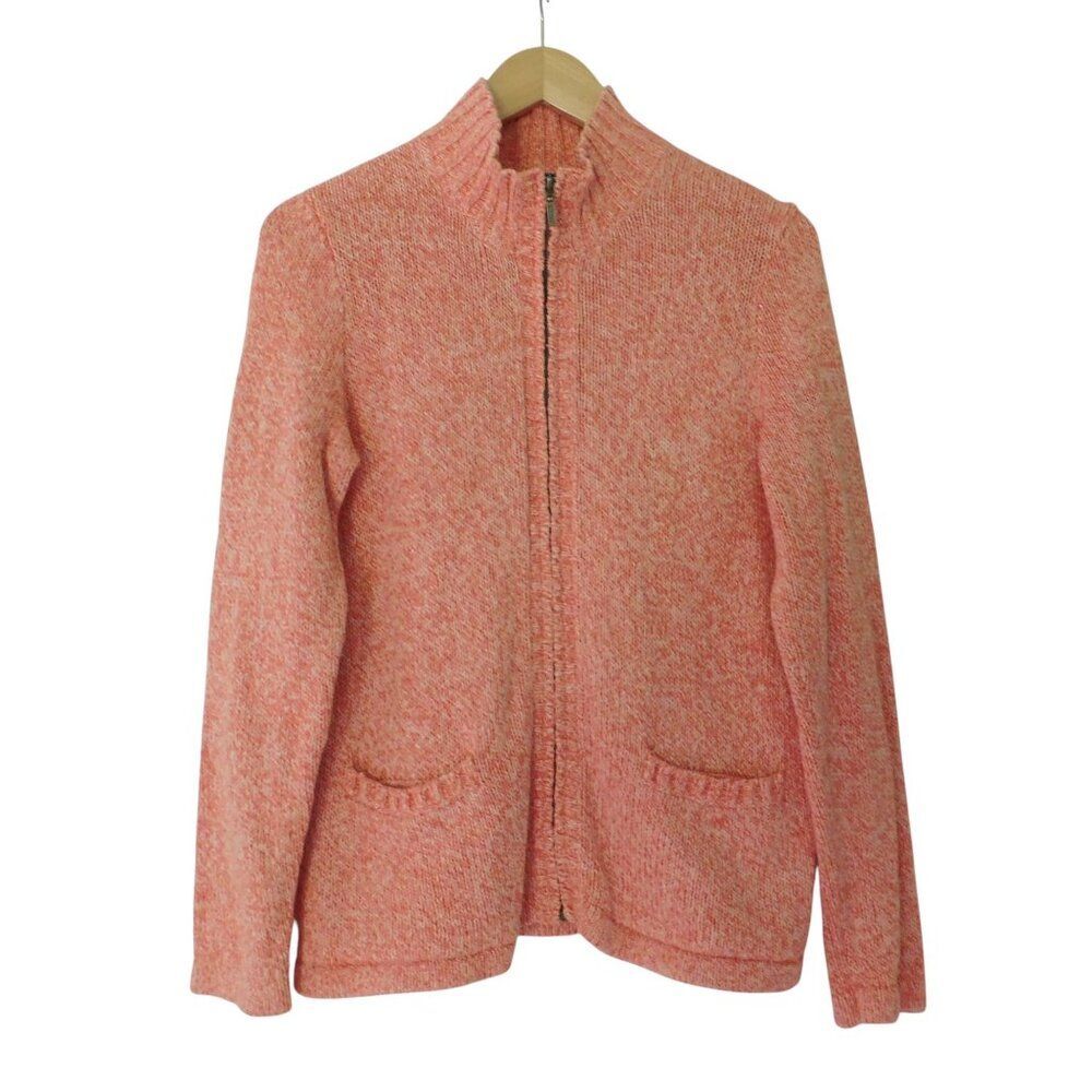 LL Bean Cardigan Medium Petite Orange‎ Knit Heavy Cotton Full Zip Sweater